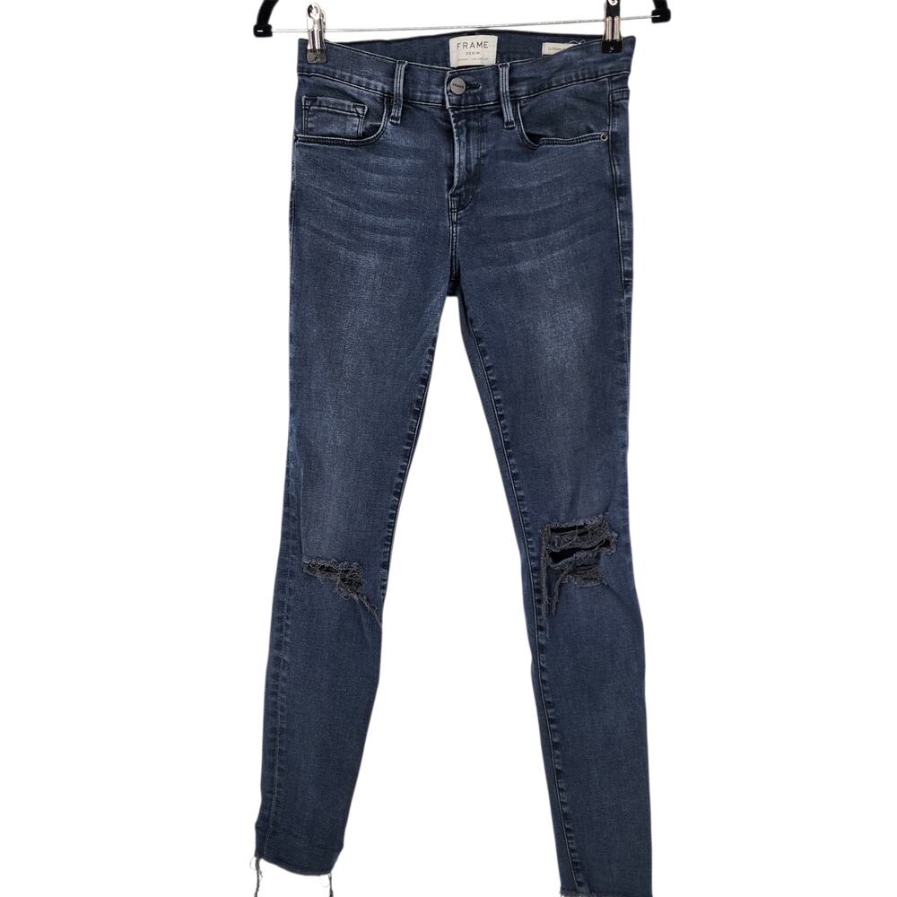 Frame Gifford Dark Wash Distressed Le Skinny De Jeanne Mid Rise Jeans Size 27